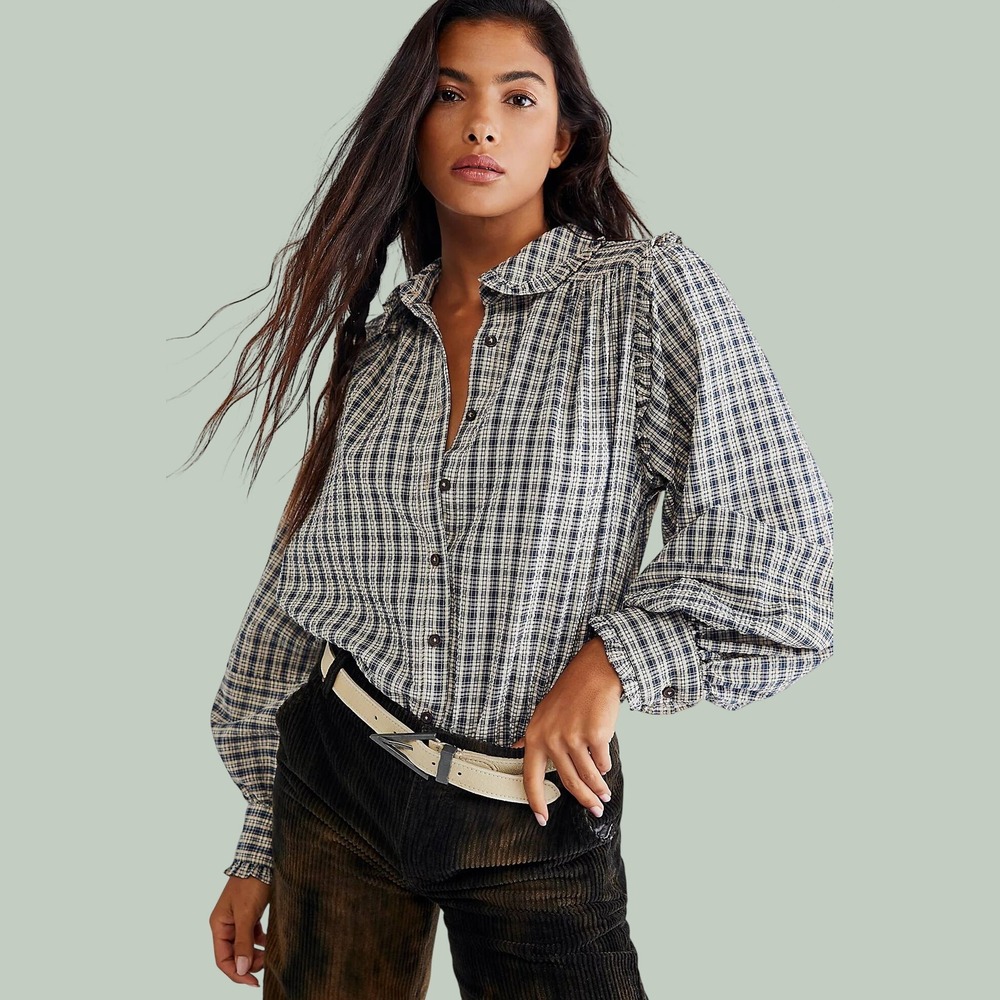 Free People Kerry Baby Buttondown Blouse M Navy Marin Cotton Plaid Ruffle Rustic